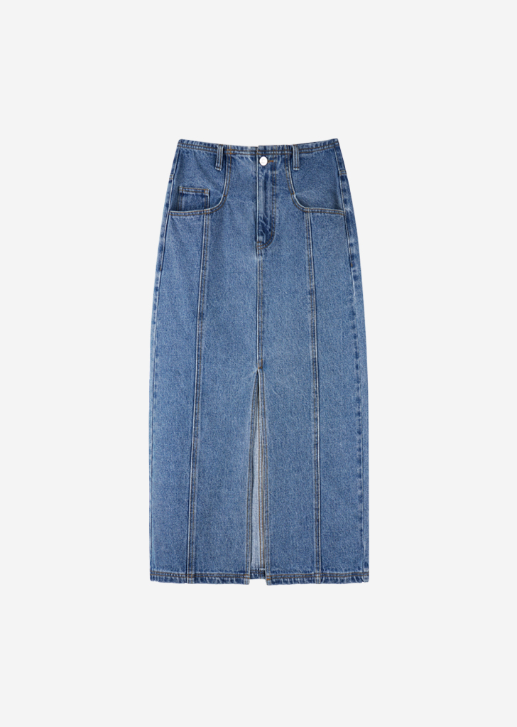 Lossy Row slit washing long denim skirt [Blue]