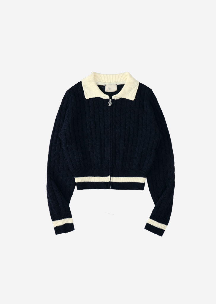 Cable Collar Zip-Up Knit [Navy]